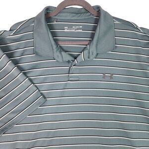 Under Armour Polo Shirt Mens Size 2XL Green White Striped Loose‎ Heat Gear Golf